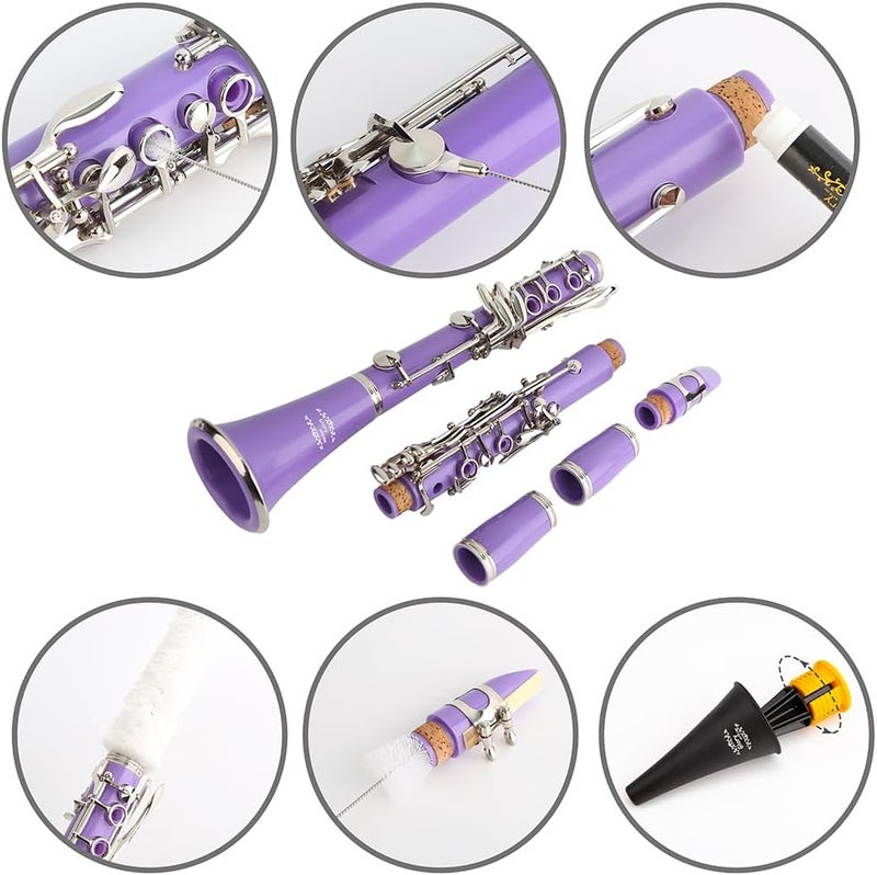 Glory GLY-CLAPUR Professional Ebonite Bb Clarinet with 10 Reeds, Stand, Hard Case, Cleaning Cloth, Mouthpiece Brush and Pad Brush,Purple/Silver - Image 2